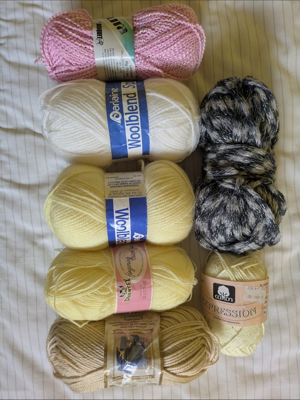Mixed Skeins of Yellow, Pink, White and Black Yarn Lot